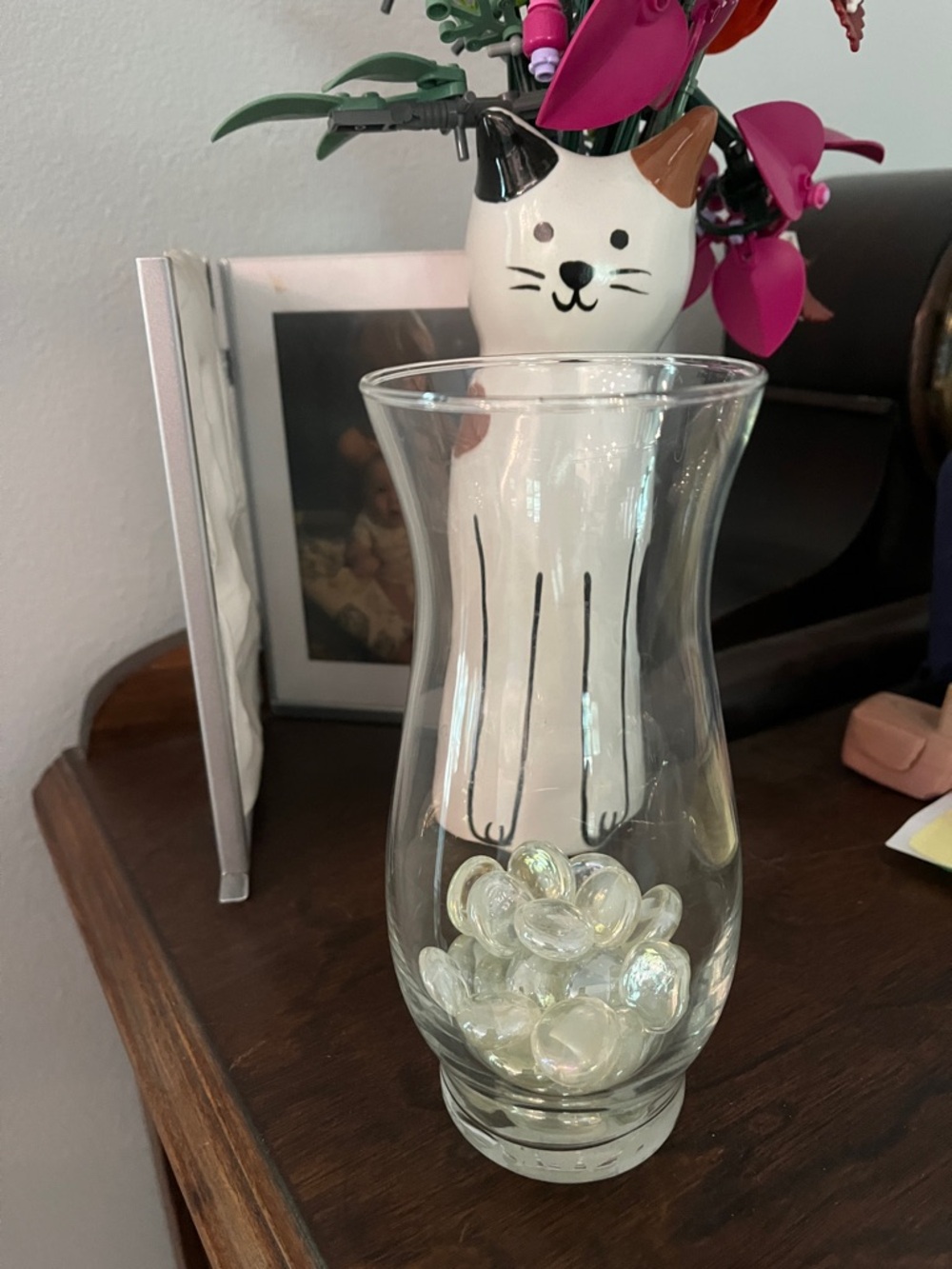 Clear Glass Hurricane Vase with Decorative Iridescent Gems - White
